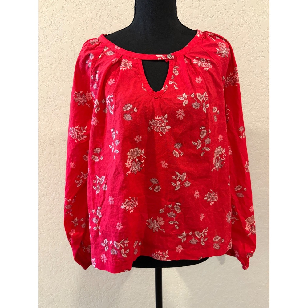 Universal Thread Red Floral Keyhole Neck Peasant Blouse Top M/ 100% cotton